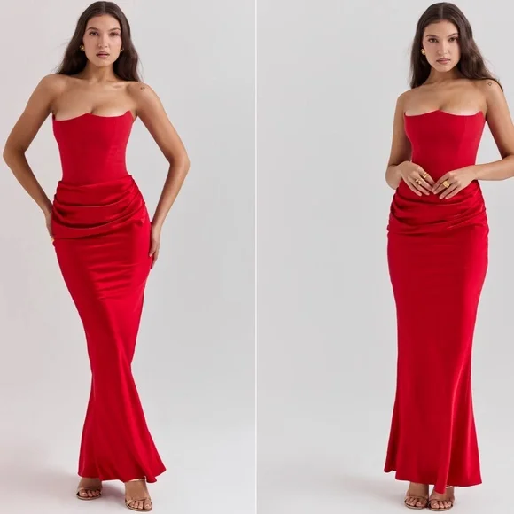 HOUSE OF CB PERSEPHONE RED CORSET MAXI DRESS SIZE XS REG CUP - Picture 3 of 7